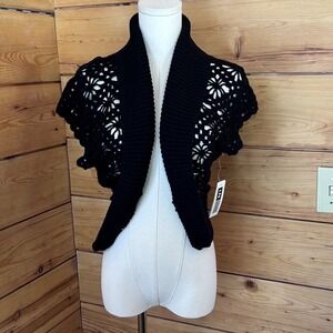 Crochet Shrug Open Front Bolero Cardigan Small Black Floral Knit I.N. STUDIO